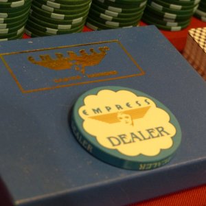 Blue dealer button, card box (Hammond)