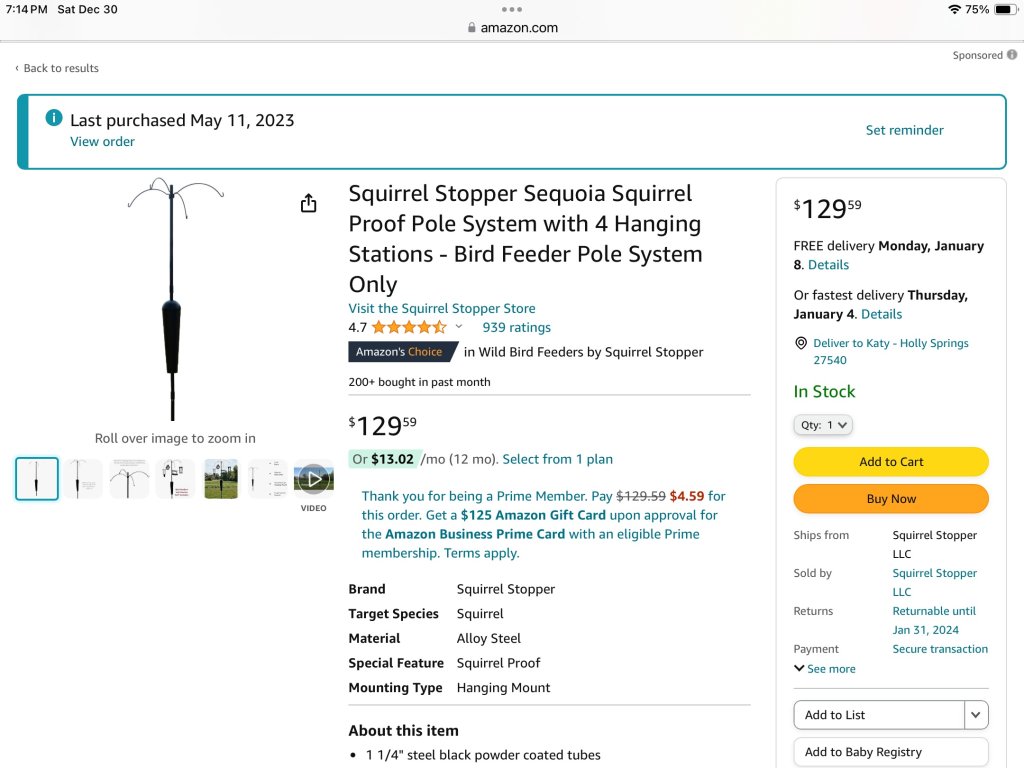 Amazon.com  Squirrel Stopper Sequoia Squirrel Proof Pole System with 4 Hanging Stations - Bir...jpeg