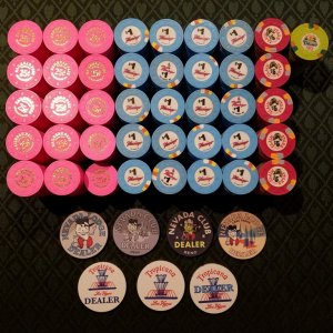 Railroad Pass 25c, Flamingo $1, Claim Stake $5, Dunes $20