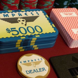 $5k giant stone slabs, plastic cards (Hammond), dealer button