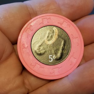 Hot Pink THC "Over-label Horseshoe Nickel" - embossing showing thru