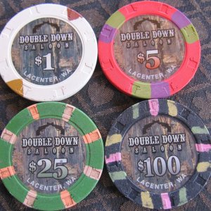 Close ups for the four types of Double Down Saloon chips in the set
