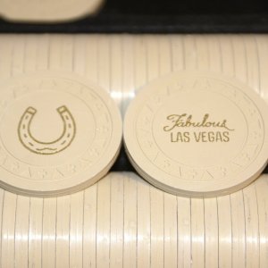 Triangle-Clubs Chips  -  White (Cream?) marked Fabulous Las Vegas and with a Horseshoe