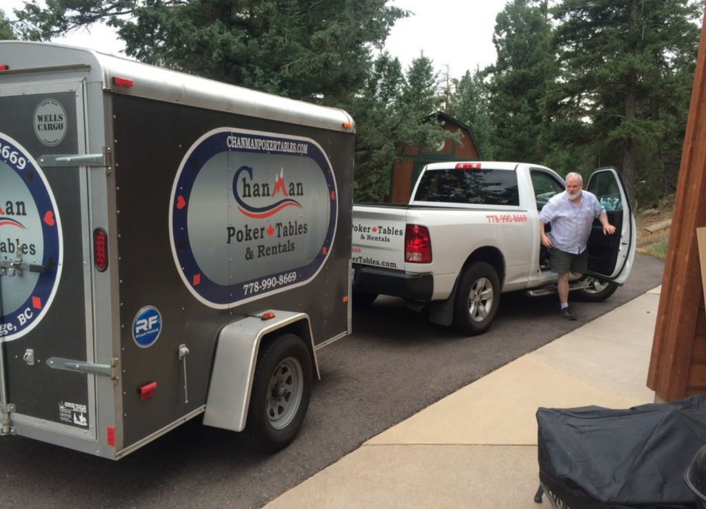 Chris and Tony arrive from Canada to deliver tables as players were arriving at Andrew's game in Denver.