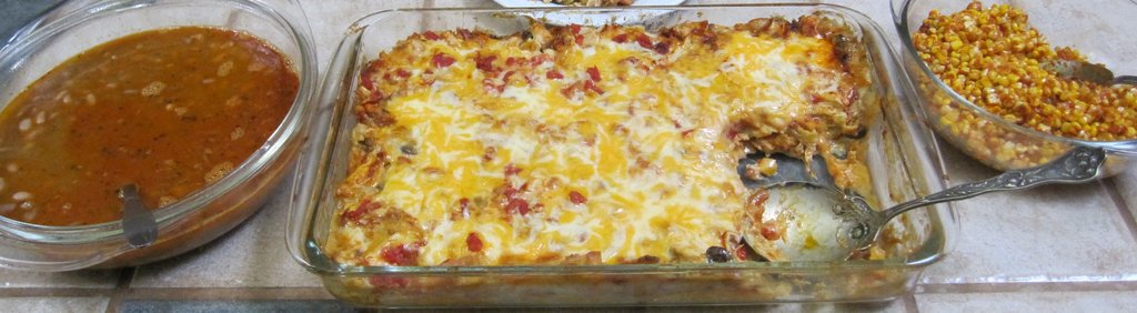 King ranch chicken, chili-lime corn and Texas style pinto beans