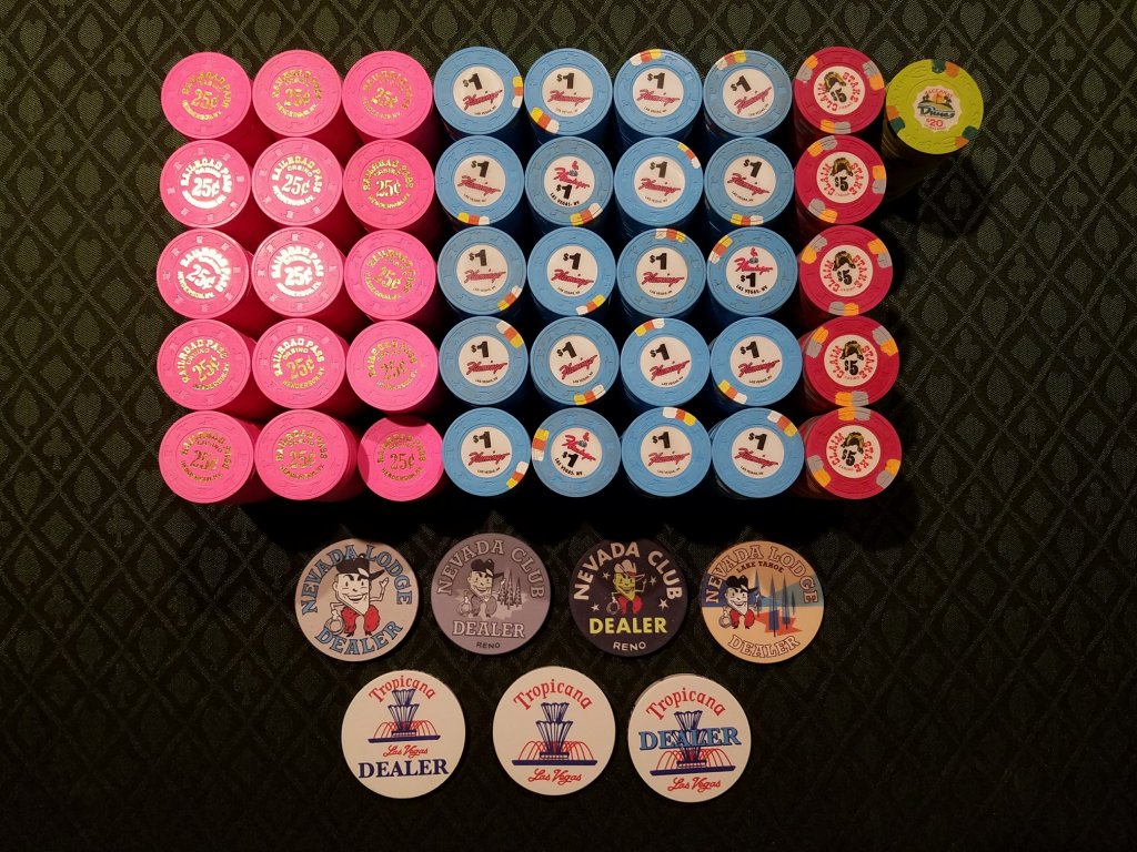 Railroad Pass 25c, Flamingo $1, Claim Stake $5, Dunes $20