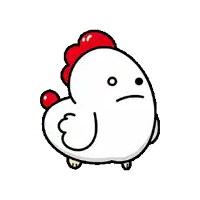 a cartoon chicken with a red crest and a sad look on its face .
